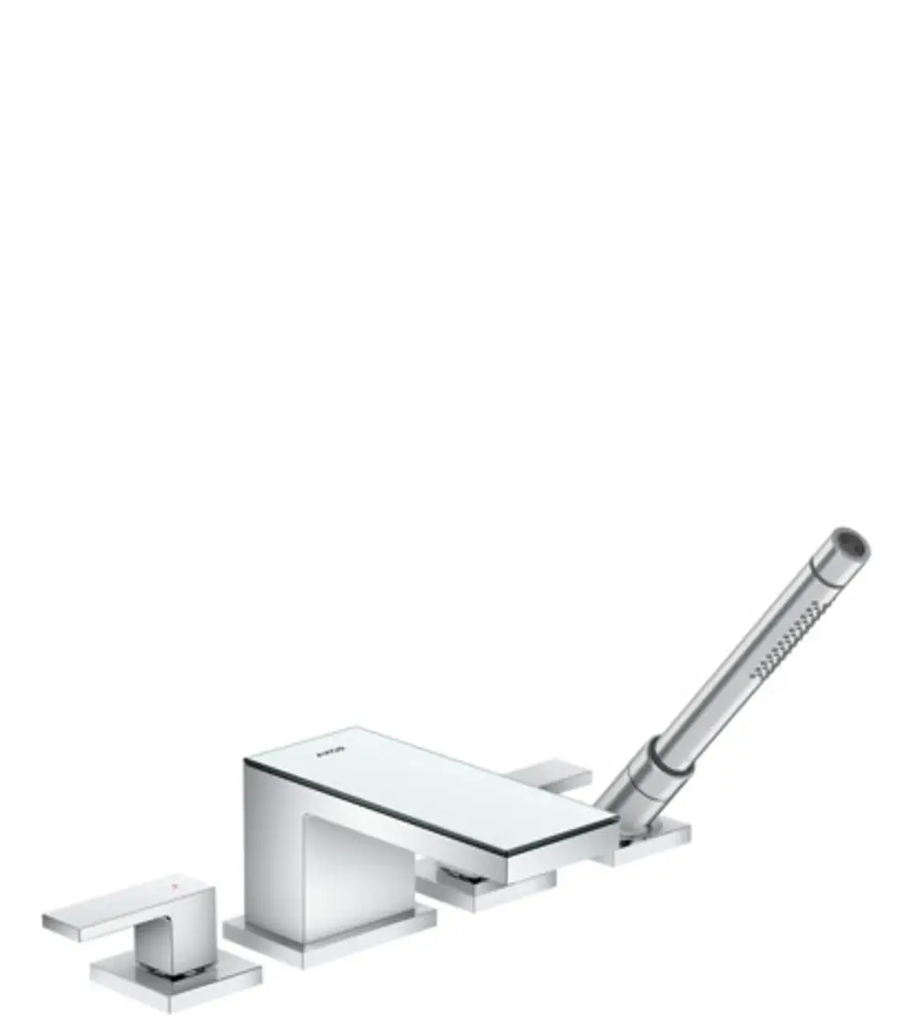 Chromene AXOR Wannenrandarmatur mit vier Bedienelementen und einer integrierten Handbrause, designorientiert mit Spiegelglaselementen.